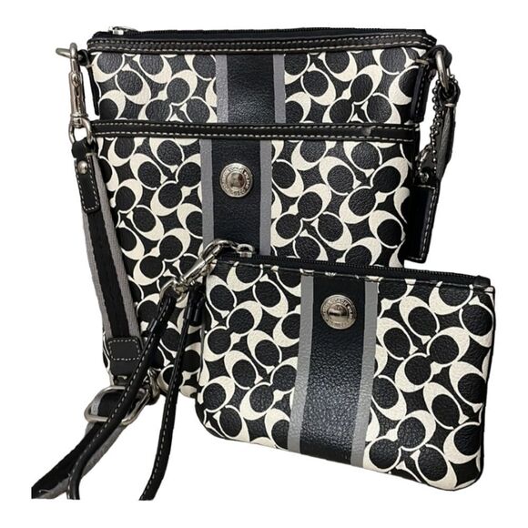 Coach 3 Piece Set F43893 Black White Heritage Signature Swing Pack Bag Wristlet - Picture 2 of 15